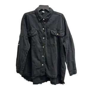 ELAN Dolly Smiley Face Y2K Button Up Shacket Shirt Jacket Denim Black Size Large